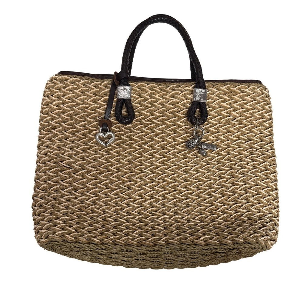 Brighton Tote Bag Womens Medium Tan Brown Woven Straw Boho Summer‎ Beach Handbag